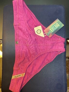 NWT Diesel Beachwear Pink Denim Look BFPN-ANGEL Bikini Bottoms Swim Sz S